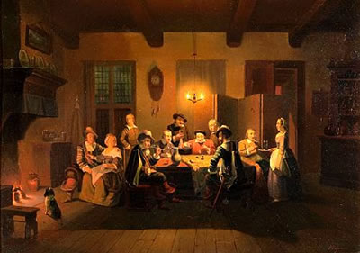 Pieter Geerard Sjamaar : Figures playing dice in a tavern interior at night