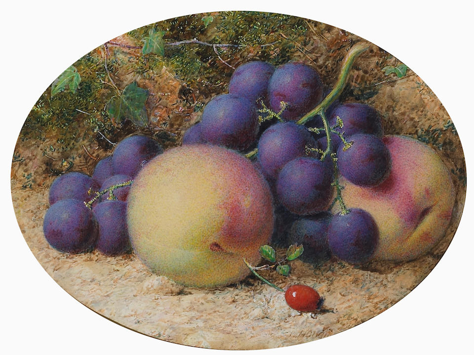 William Hough : A still life with peaches, grapes and a rosehip on a mossy bank; also a companion still life (a pair)