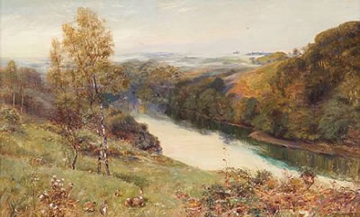 Walter Stuart Lloyd : A RIVER LANDSCAPE WITH RABBITS IN THE FOREGROUND