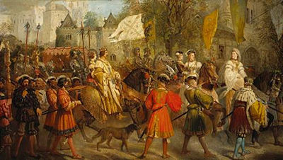 Edward Henry Corbould : A royal procession with numerous attendant dignitaries