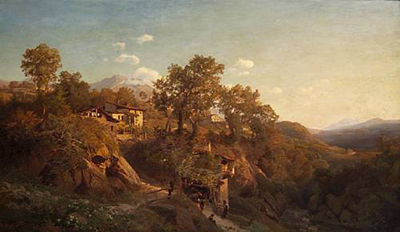 Valentin Ruths : An Italianate landscape with a group of figures outside a house in the foreground