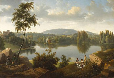 Alexandre Hyacinthe Dunouy : An extensive landscape with figures greeting hunters along the banks of a river