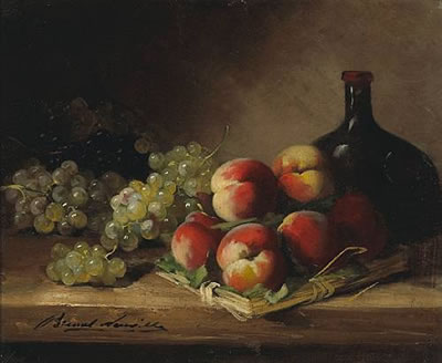 Alfred Arthur Brunel de Neuville : A still life with red currants and plums in a wicker basket; and a companion still life (a pair)