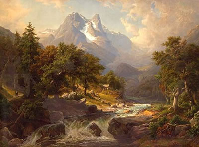 Arnold Schulten : A mountainous landscape with a fast flowing river