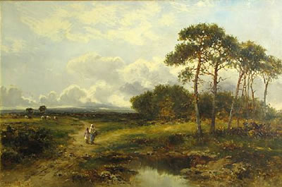 Carl Brennir : A pastoral landscape with two figures by a pond