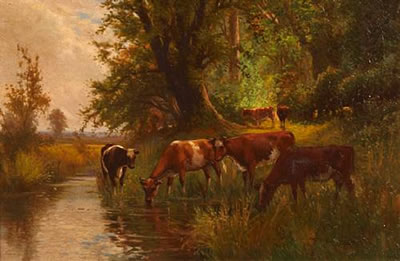 Arthur Stanley Wilkinson : A pastoral landscape with cattle grazing and watering in a pond; also a companion landscape (a pair)