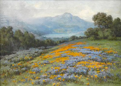 William Franklin Jackson : Poppies and lupine with Mt. Tamalpais in the distance