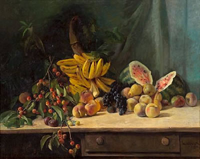 William Hubacek : Still life with cherries, bananas, watermelon and other fruit on a table, 1895