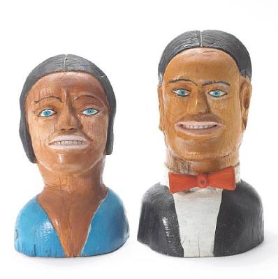 Shields Landon (S L) Jones : Two carved and polychromed wood heads of a man and woman