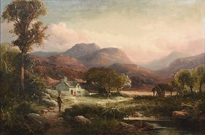 Tom Seymour : Figures on a path in a mountainous landscape with a cottage in the distance; A cottage in a mountainous landscape with a figure approaching on a path (a pair)