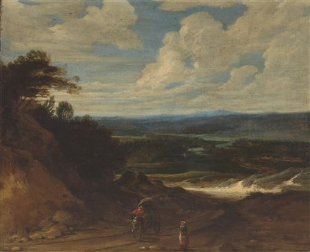 Lucas Achtschellinck : A landscape with figures and a wagon