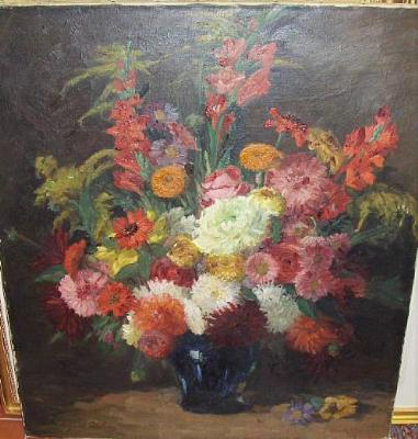 August Bocher : Still life of summer flowers in a blue vase