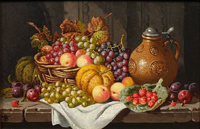 Charles Thomas Bale : Still life of fruit and a stoneware bellarmine on a stone ledge