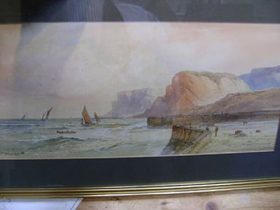 Robert Thornton Wilding : Harbour Entrance, with cliffs, figures and boats