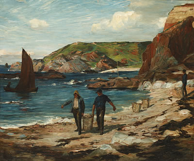 James Alfred Aitken : A Scottish cove, with fishermen on the beach