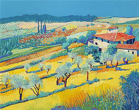 Godfrey Tonks : Mediterranean landscape with a farmhouse in the foreground