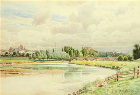 Thomas Bushby : An extensive river landscape with a bridge and a Cathedral beyond