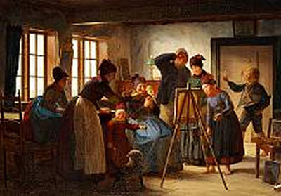 Johann Julius Exner : People from Fanø looking at the painting while the artist has left the room