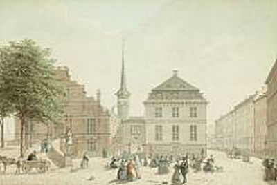 H G F Holm : View of The Exchange and the old National Bank of Denmark, Copenhagen