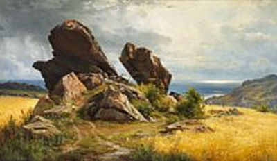 Carl Frederic Aagaard : Rocks in a field, Allinge, Bornholm. 'Klipper i en Bygmark. Optrækkende Bygevejr. Motiv fra Allinge paa Bornholm Folkeliv'