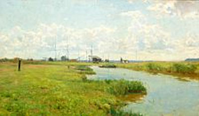 Carl Martin Soya-Jensen : Landscape with a stream and ship's masts in the background, summer