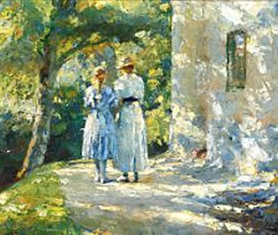 Johannes Grenness : Two young women on a path in Lindenborg Park