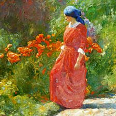 Johannes Grenness : A woman in a red dress in a garden with poppies