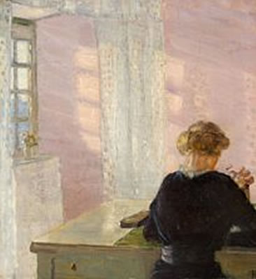 Helga Ancher : Interior with a reading woman on a sunny day