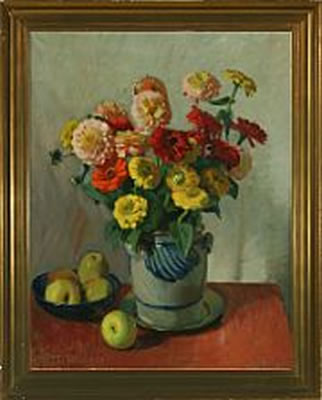 Albert Kongsbak : Still life with flowers and apples on a table