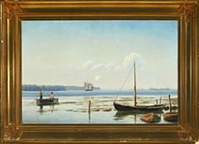 Mathias Lutken : View over Svendborg Sund with fishermen in a rowing boat, in the background sailing ship