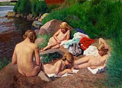 Jens Birkholm : After the swim. Girls sunbathing in the grass at the sea between Fåborg and Dyreborg, Funen.