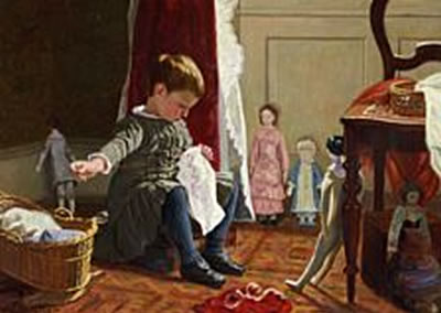 Axel Helsted : Little girl sewing in a corner of the living room surrounded by her dolls.