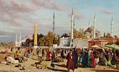 Harald Adolf Nikolai Jerichau : 'Konstantinopel'. View of Istanbul with street life at the Blue Mosque and Hagia Sophia, in the middle distance the Obelisk of Tuthmosis III.