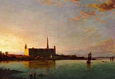 Georg Sassnick : Coastal scene with a castle in the sunset.