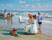 Alexandre Averine : 'On the beach'. A young female painter and children on the beach at the Black Sea.