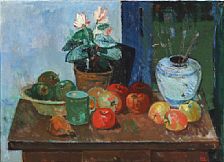 Kraesten Iversen : Still life with a potted plant, fruit and a bojan on a table