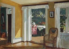 Hans Sorensen-Lund : Interior with a view to a terrace with a woman in pink dress