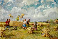 Boris Krilov : Harvest landscape with Russians stacking sheaves on a carriage