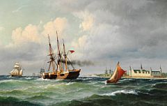 Carl Bille : Seascape off Kronborg with numerous ships and pilot boat