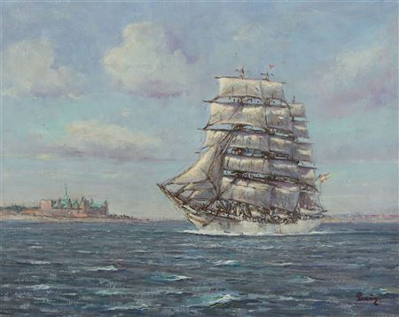 Einer Ploug : The Danish training ship 'Danmark' off the coast of Kronborg Castle