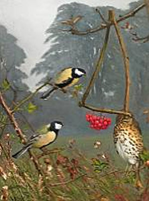 Hermann Funch : A Pair of Small Birds Hungry for Rowanberries