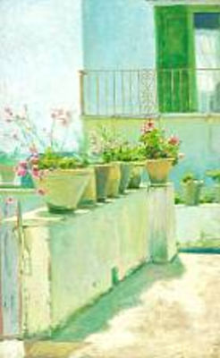 Thorvald Niss : Italian patio with pink carnations in pots