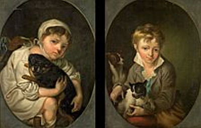 Hans Hansen : A little boy with two dogs and a little girl with a small dog (a pair)