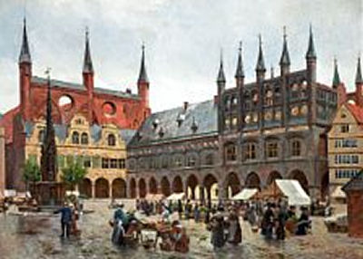 August Fischer : View from the market place in Lübeck