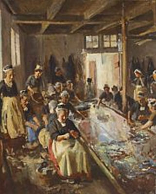 Hans Hendrik Henningsen : Interior with women cleaning fish