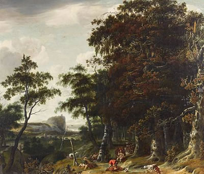 Jan Looten : Sportsmen in a wooded landscape with a castle on a promontory in the distance