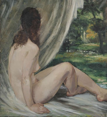 Jules Bovee : Seated nude in the park.