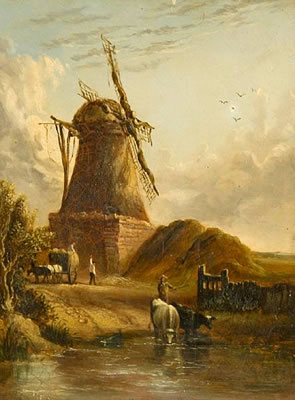 Anthony Sandys : Landscape with haycart, cattle and figures before a windmill