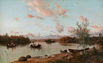 Hjalmar Munsterhjelm : RIVERBANK AT SUNSET.