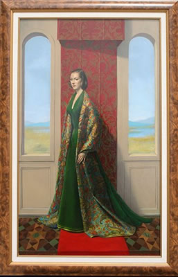 Raymond A Whyte : Portrait of a Woman in green velvet dress and embroidered brocade drape